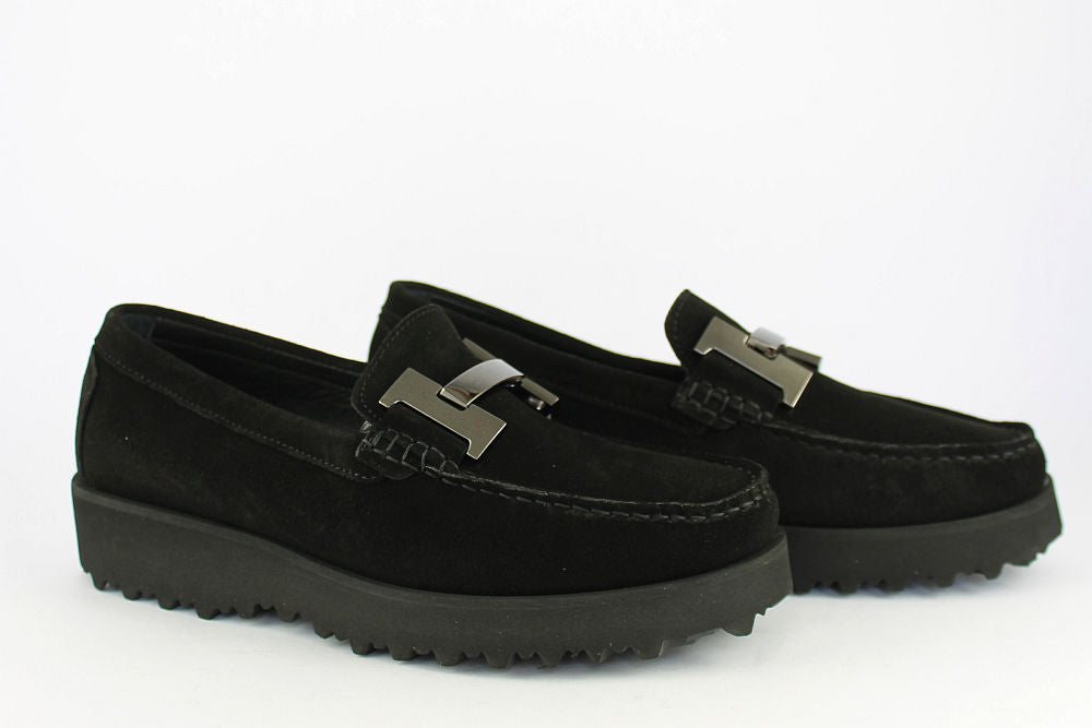 'H' Black Suede Loafer on a Wedge