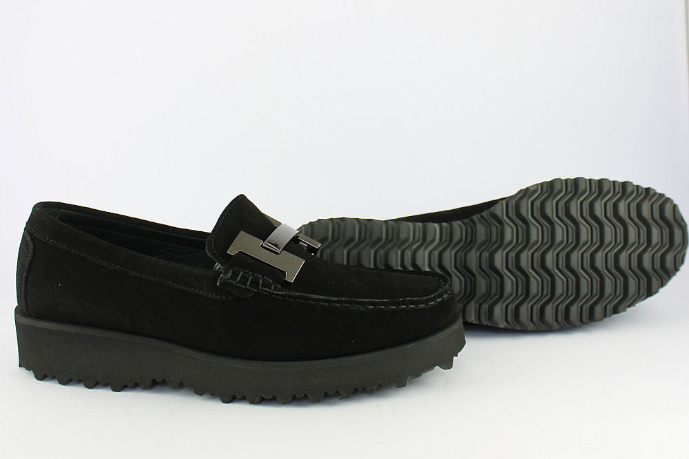 'H' Black Suede Loafer on a Wedge