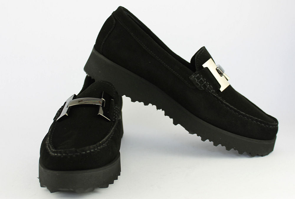 'H' Black Suede Loafer on a Wedge