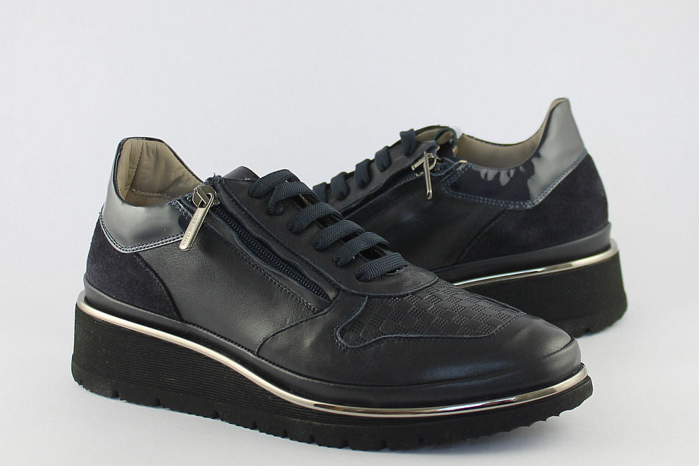 ‘Anna’ Navy Leather Trainer With Zip