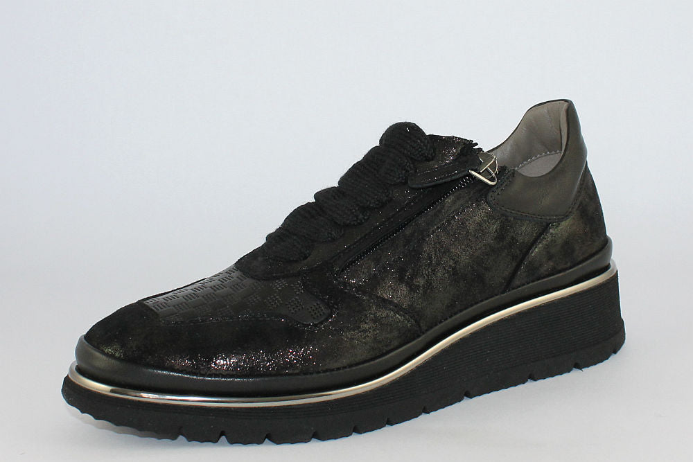 'Anna' Shimmer Black Matt Leather Trainer With Zip