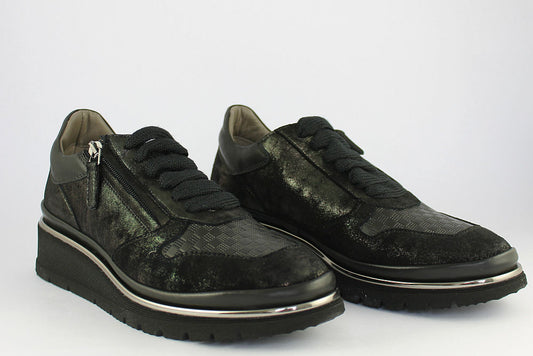 'Anna Shimmer Black' Matt Leather Trainer With Zip