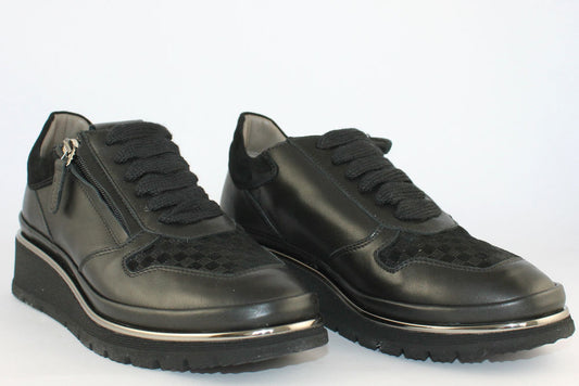 'Anna Black' Matt Leather Trainer With Zip