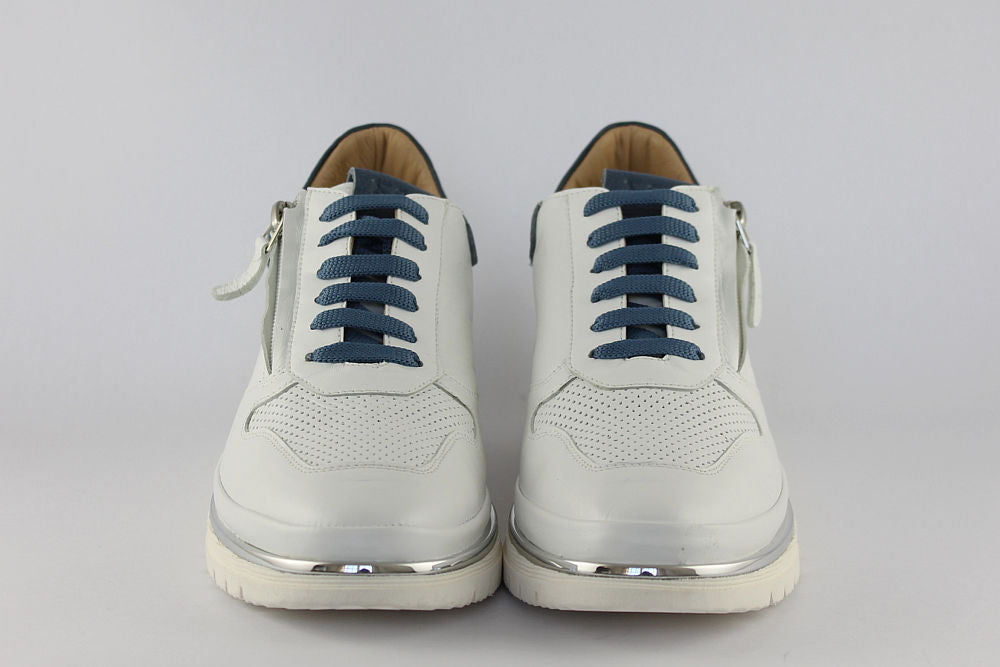 ‘Marina’ White with Blue Leather Trainer with Zip