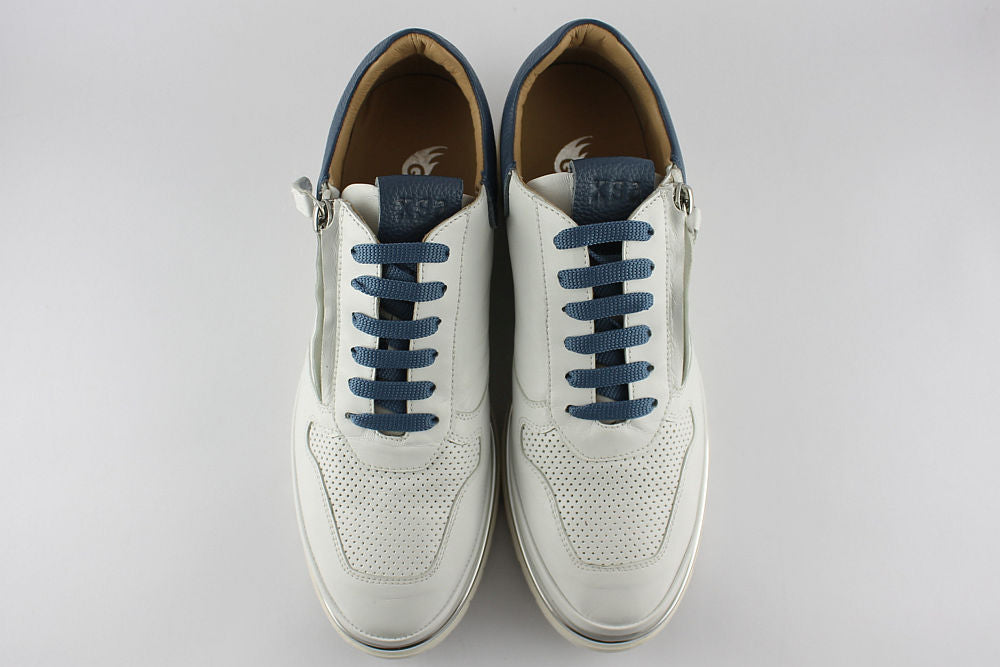 ‘Marina’ White with Blue Leather Trainer with Zip