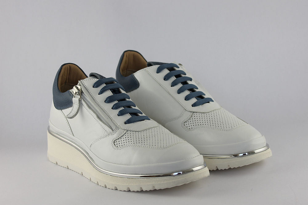 ‘Marina’ White with Blue Leather Trainer with Zip