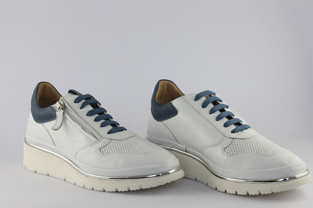 ‘Marina’ White with Blue Leather Trainer with Zip