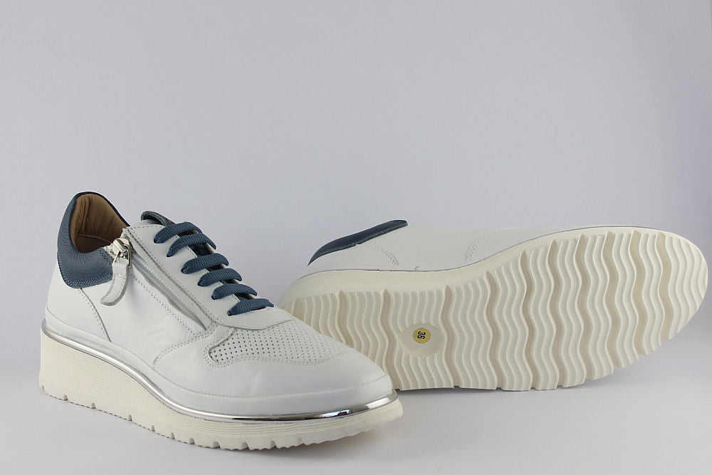 ‘Marina’ White with Blue Leather Trainer with Zip