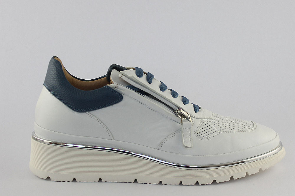 ‘Marina’ White with Blue Leather Trainer with Zip