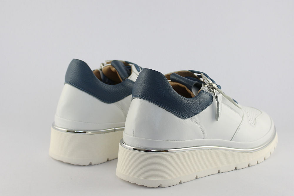 ‘Marina’ White with Blue Leather Trainer with Zip