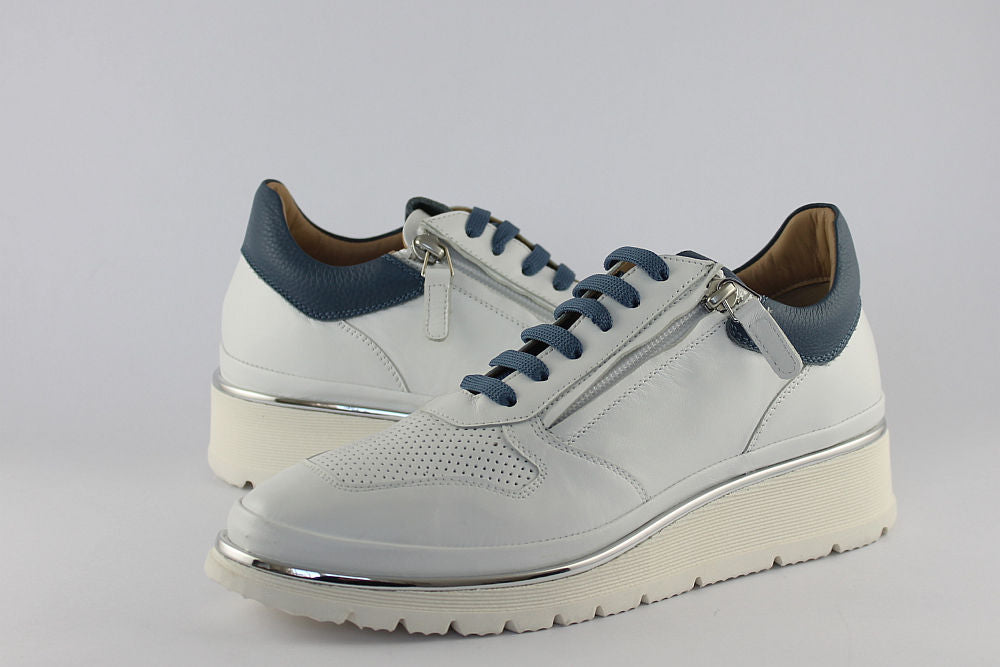 ‘Marina’ White with Blue Leather Trainer with Zip