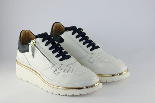 'Marina' in White Patent & Navy with Zip