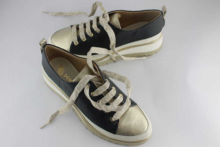Navy Leather Trainer with a Gold Toe