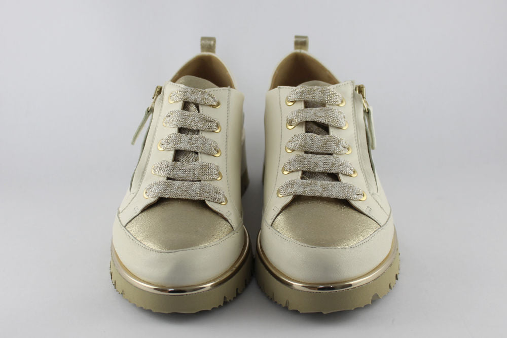 ‘Nina’ White and Gold Leather Trainer with Zip