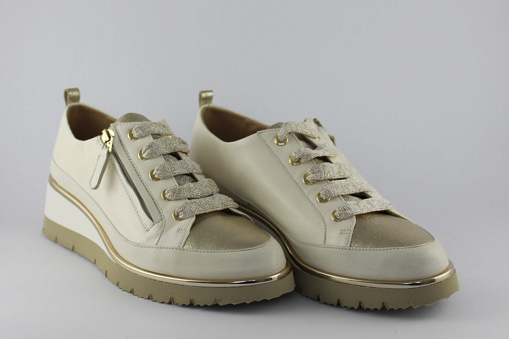 ‘Nina’ White and Gold Leather Trainer with Zip