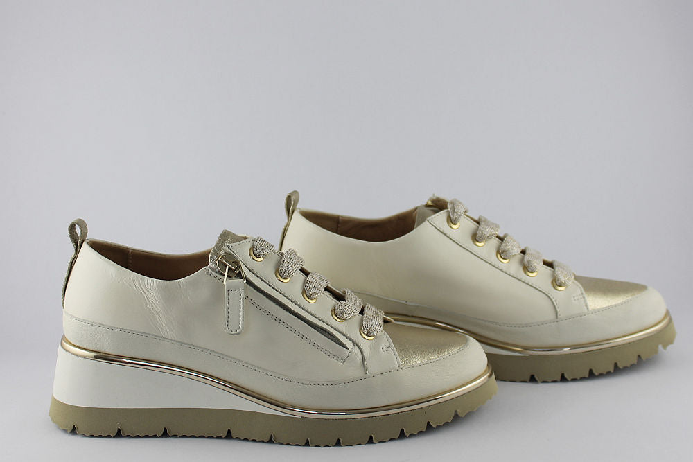‘Nina’ White and Gold Leather Trainer with Zip