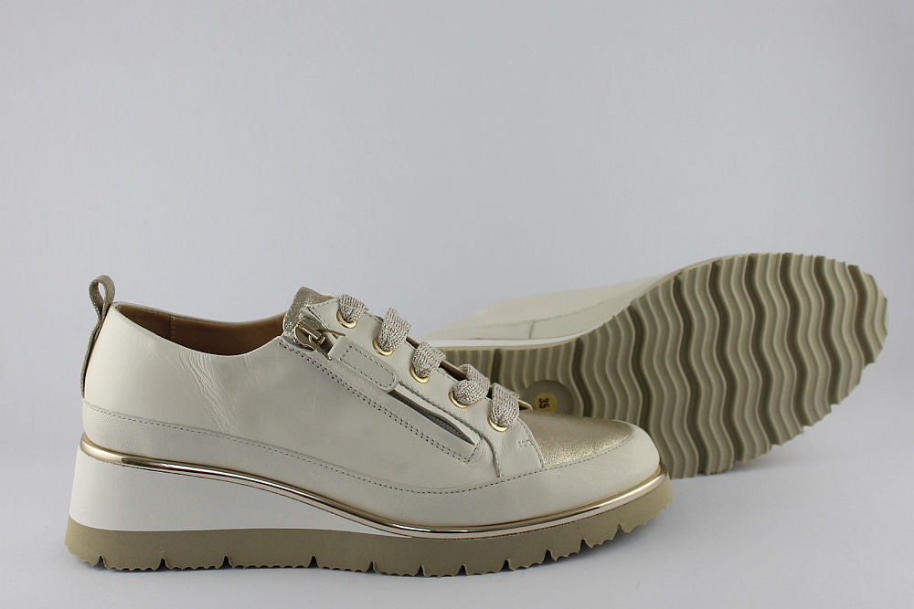 ‘Nina’ White and Gold Leather Trainer with Zip