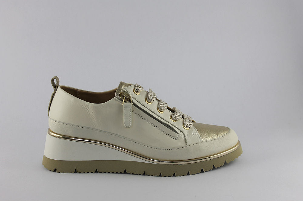 ‘Nina’ White and Gold Leather Trainer with Zip