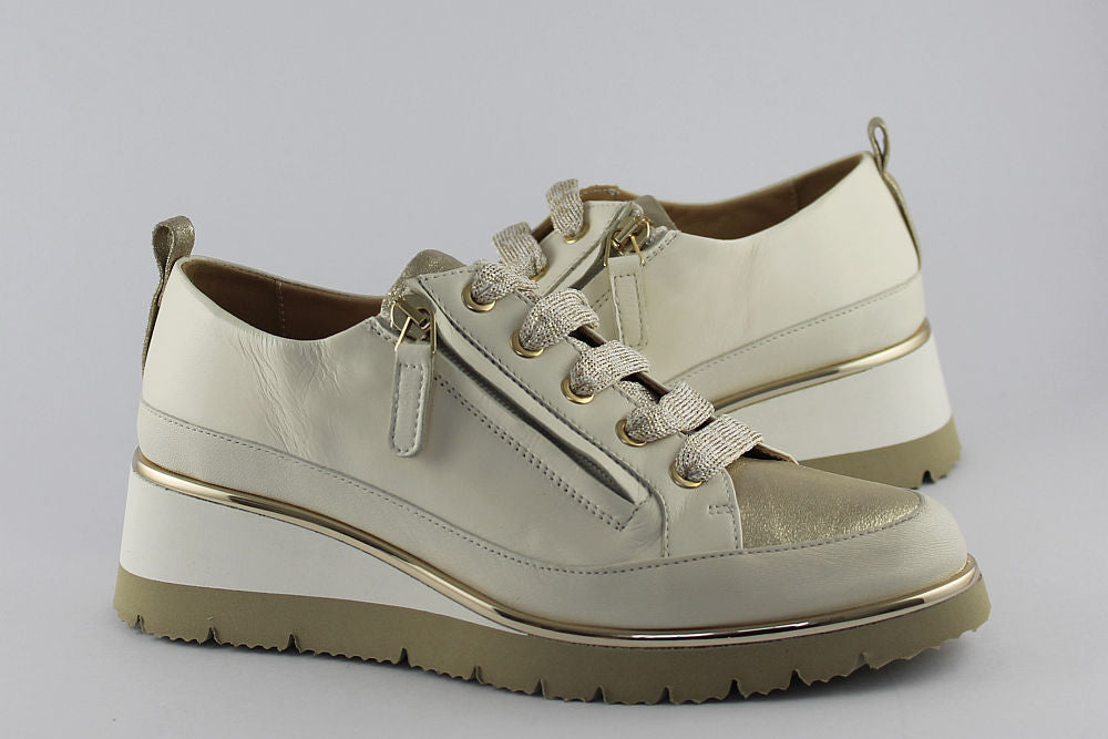 ‘Nina’ White and Gold Leather Trainer with Zip