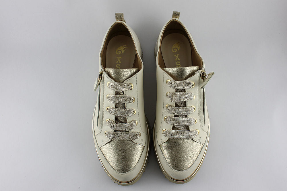 ‘Nina’ White and Gold Leather Trainer with Zip