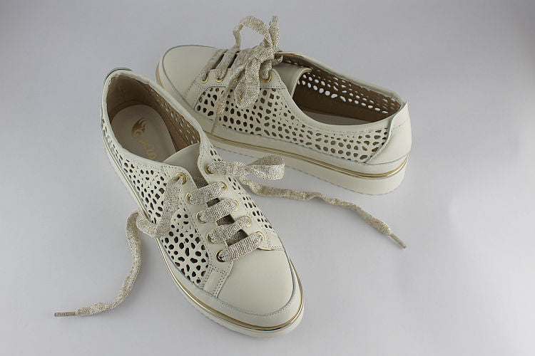 Cream Leather Trainers with Hole Pattern