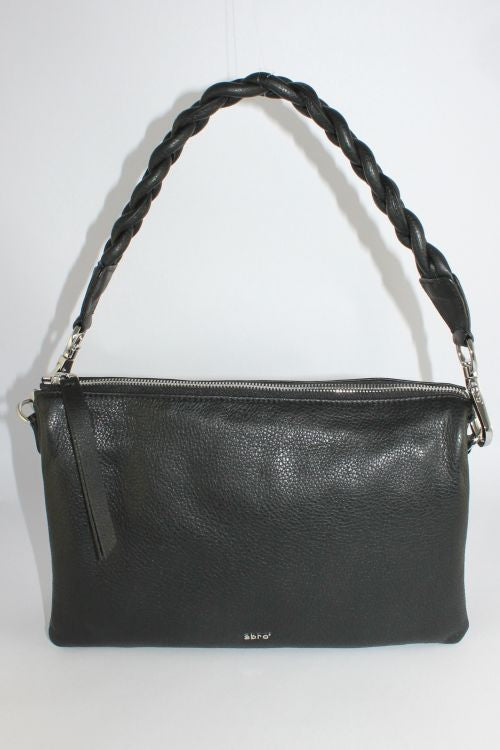 'Jamie' Black Leather Handbag With Plaited Strap And Zip