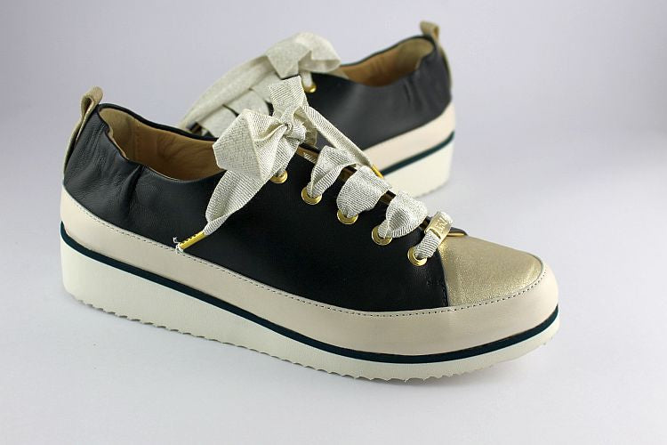 Navy Leather Trainer With Gold Toe