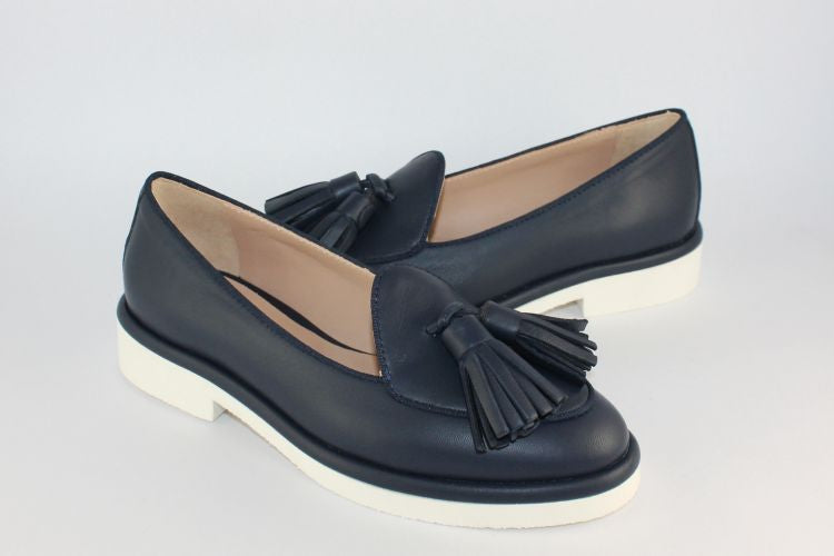 Navy Leather Loafer With White Sole