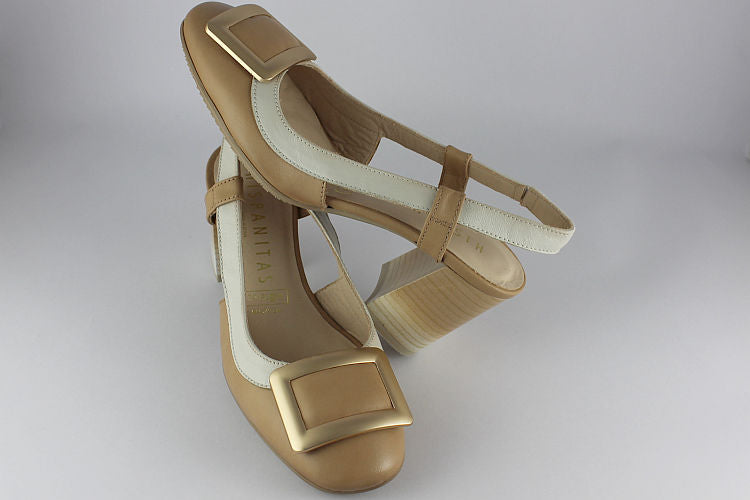 Camel Leather Block Heel Sling Back