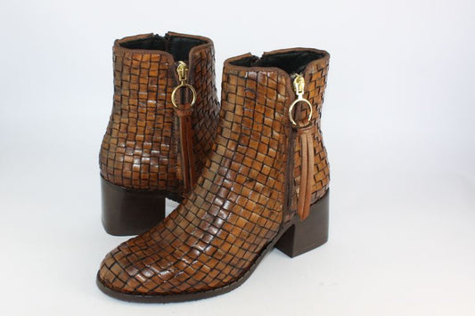 Tan Woven Leather Ankle Boot