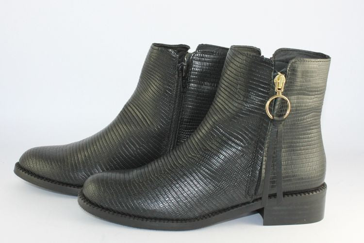 Black Textured Leather Ankle Boot