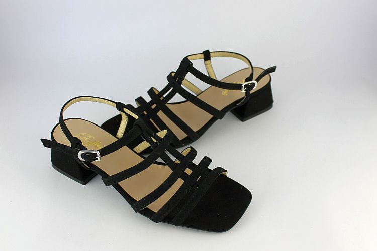 Black Suede Strappy Sandal Mid Height Heel
