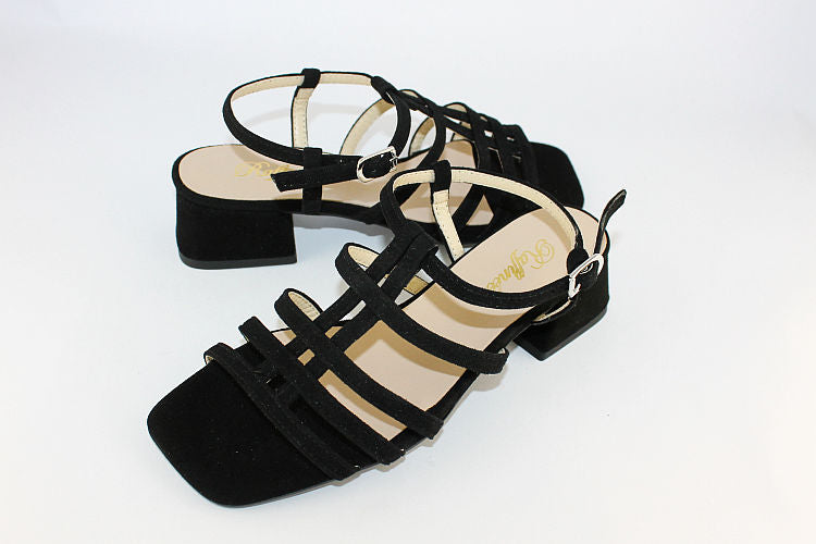 Black Suede Strappy Sandal Mid Height Heel