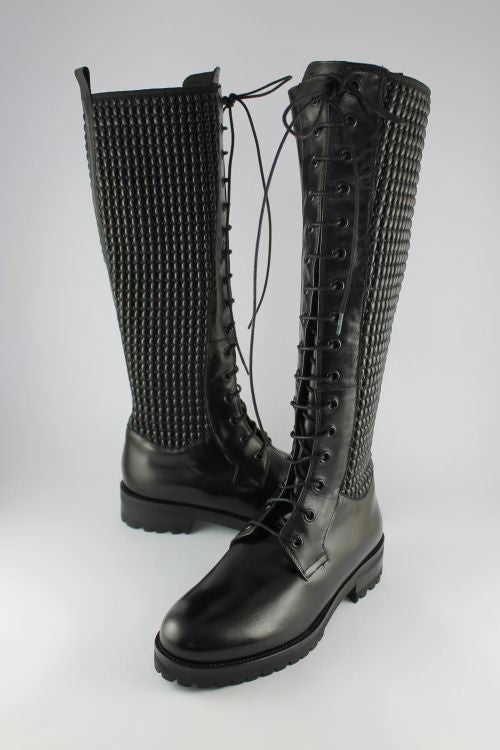 Black Long Leather Lace-up Boot
