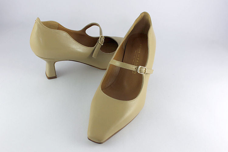Camel Leather Kitten Heel With Strap
