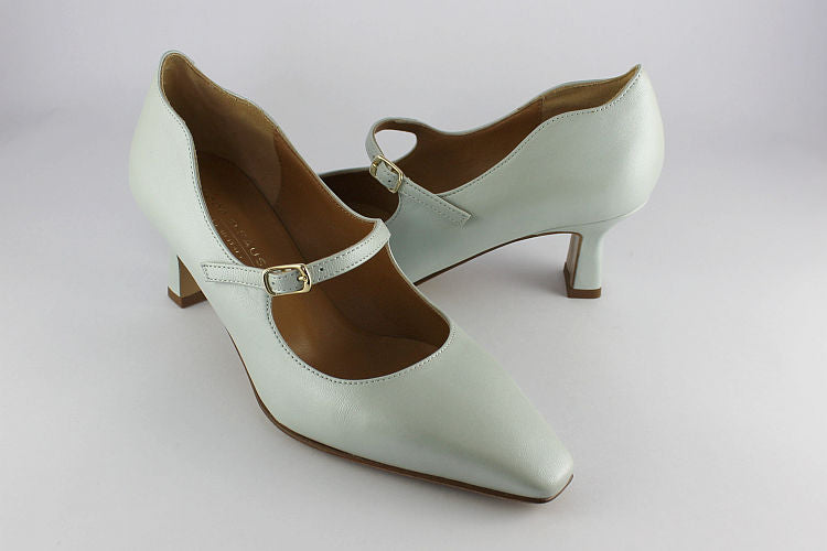 Pearlised Pale Blue Leather Kitten Heel With Strap