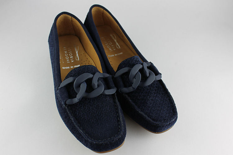 Navy Textured Suede Loafer With Chain
