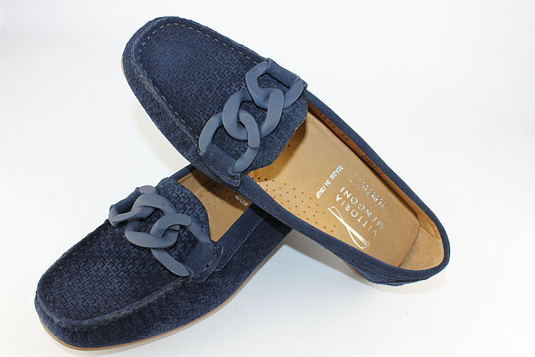 Navy Textured Suede Loafer With Chain
