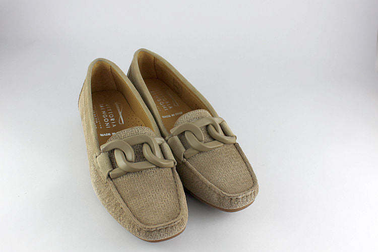 Taupe Textured Suede Loafer With Chain