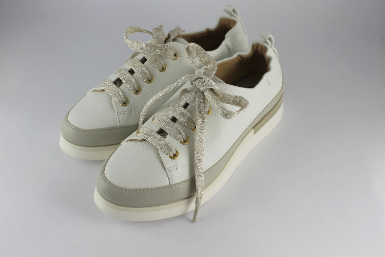 White Leather Trainer With Gold Laces