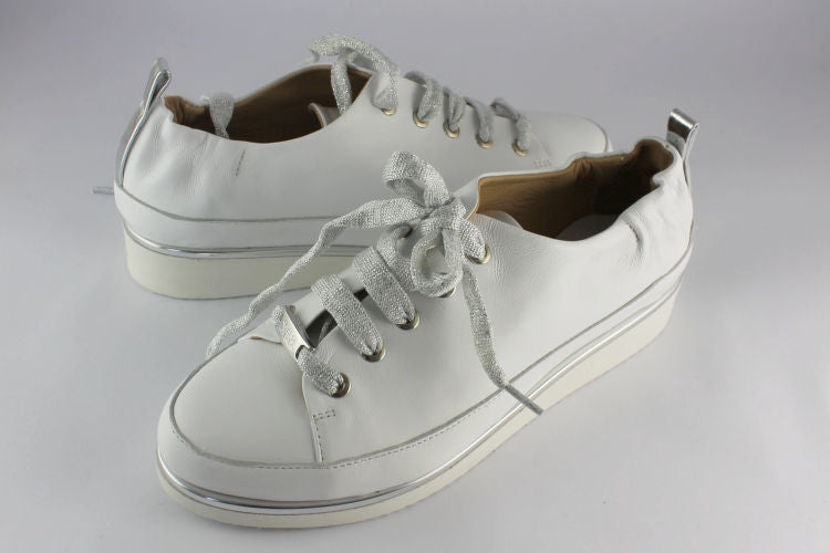White Leather Trainer With Silver Laces